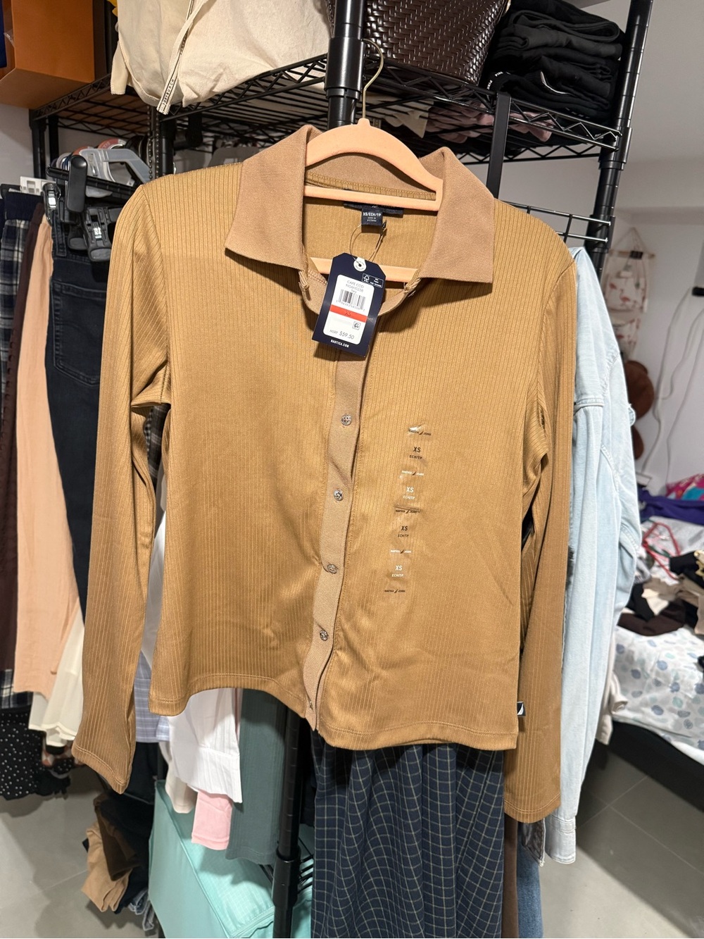 Nautica Women's Long-Sleeve Button-Down Polo Shirt - Camel Brown